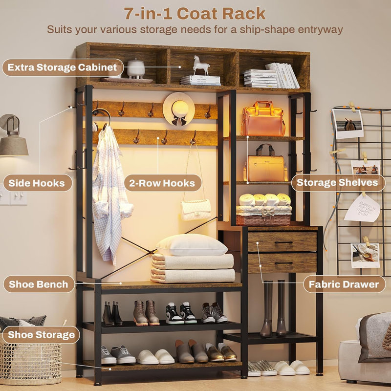 Wrought Studio Hall Tree With Bench And Shoe Storage 7 in 1 Entryway Bench With Coat Rack 3 Storage Cubbies 5 Storage Shelves 17 Coat Hooks 2 Fabric Drawers Reviews Wayfair
